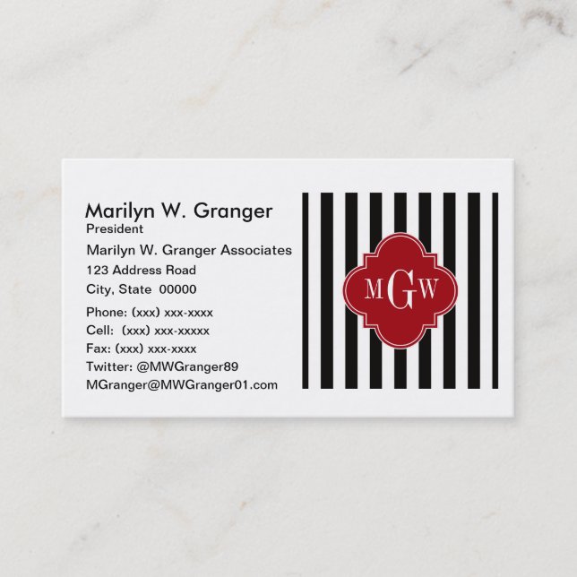 Black White Stripe Cranberry Quatrefoil 3 Monogram Business Card (Front)