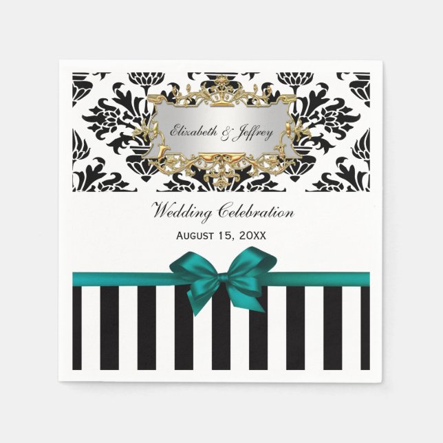 Black White Stripe Damask Dark Teal Ribbon Napkin (Front)