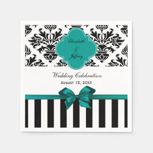 Black White Stripe Damask Dark Teal Ribbon Napkin