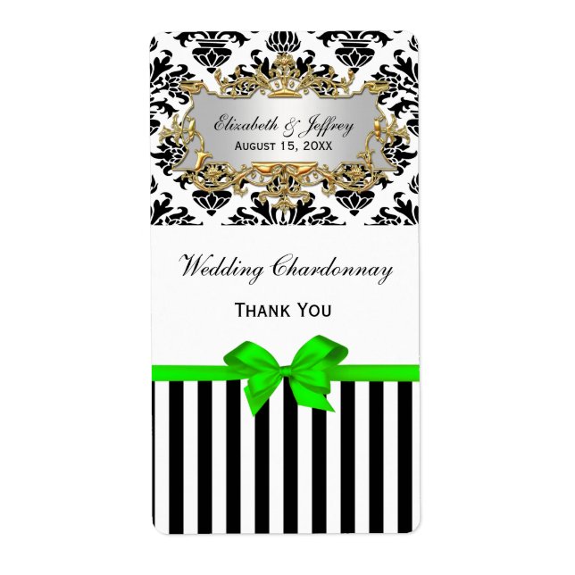 Black White Stripe Damask Lime Party Wine Label (Front)