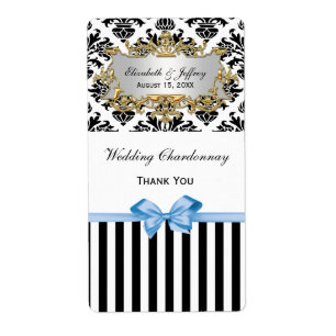 Black White Stripe Damask Lt Blue Party Wine Label