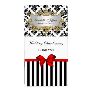 Black White Stripe Damask Red Party Wine Label