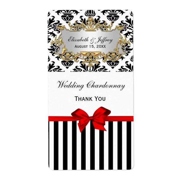 Black White Stripe Damask Red Party Wine Label (Front)