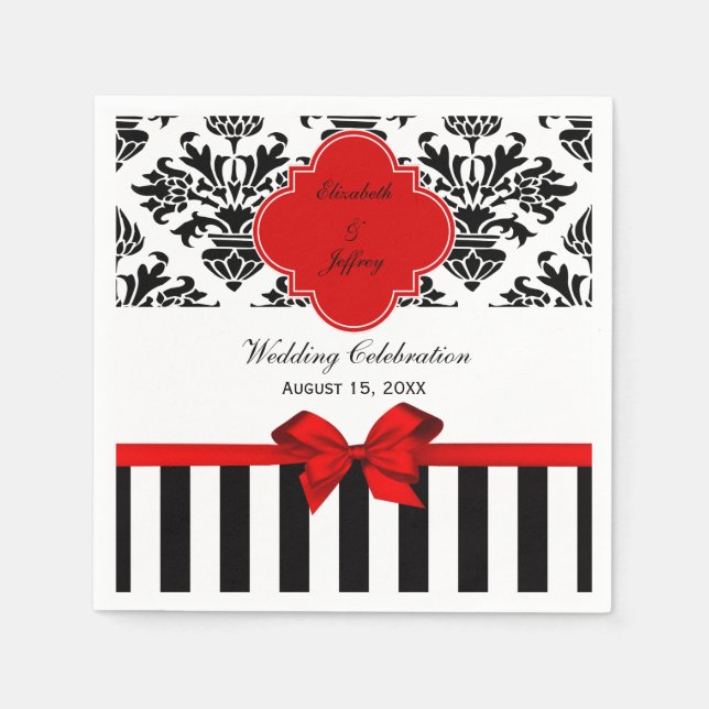 Black White Stripe Damask Red Ribbon Napkin (Front)
