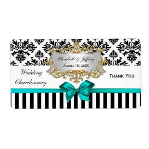 Black White Stripe Damask Teal Party Wine Label