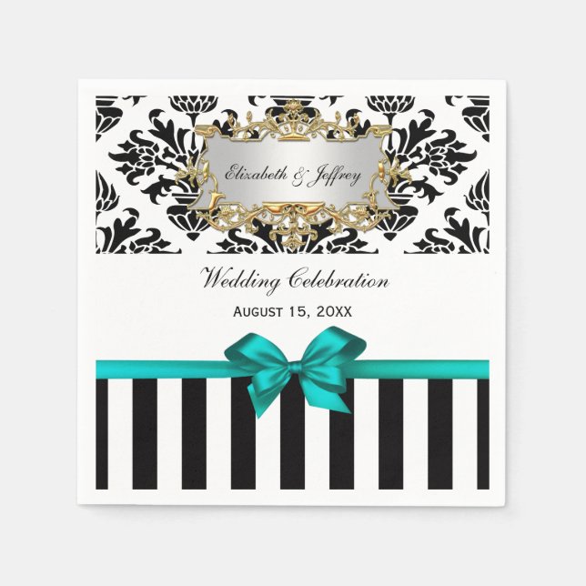 Black White Stripe Damask Teal Ribbon Napkin (Front)