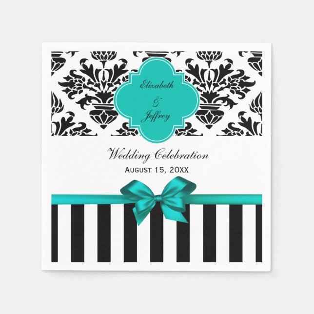 Black White Stripe Damask Teal Ribbon Napkin (Front)