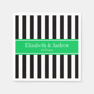 Black White Stripe Emerald Ribbon Name Monogram Napkin