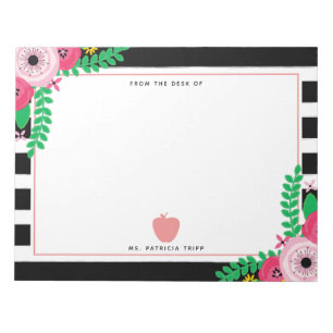 Black + White Stripe Floral Pink Apple Teacher Notepad