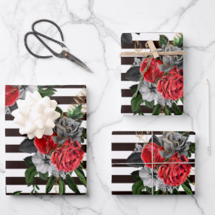 Black White Stripe Floral Wrapping Paper Set of 3