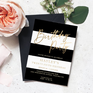 Black White Stripe Gold Birthday Invitation