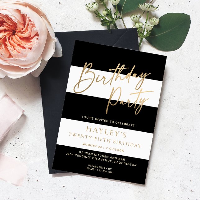 Black White Stripe Gold Birthday Invitation (Birthday Party Invitation)