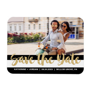 Black White Stripe & Gold Text Save the Date Photo Magnet