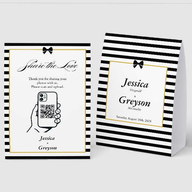 Black White Stripe Gold Wedding Photo Sharing (Front/Back)