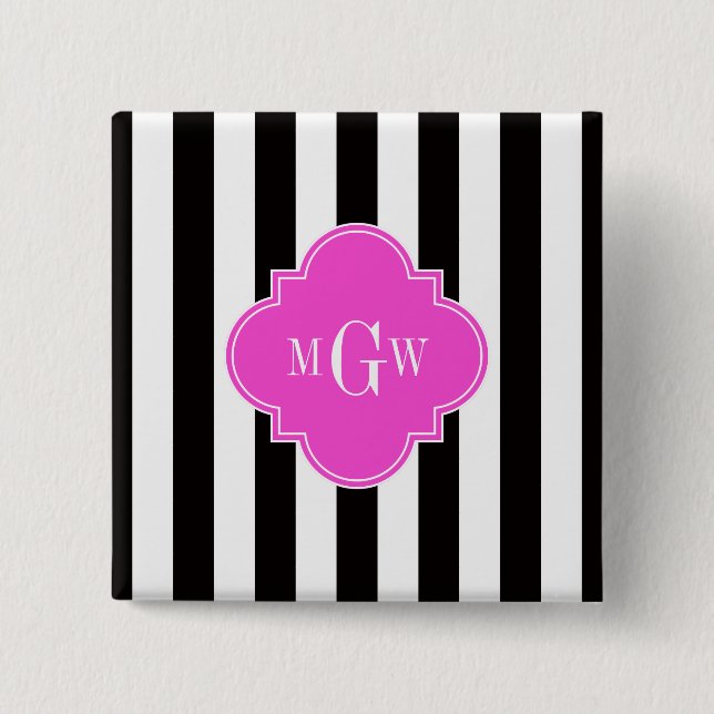 Black White Stripe Hot Pink Quatrefoil 3 Monogram 15 Cm Square Badge (Front)
