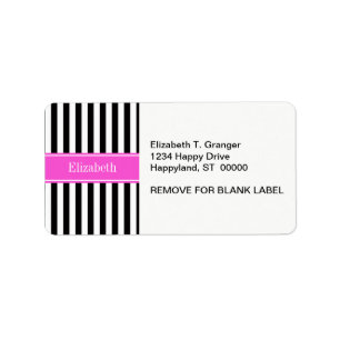 Black White Stripe Hot Pink Ribbon Name Monogram Label