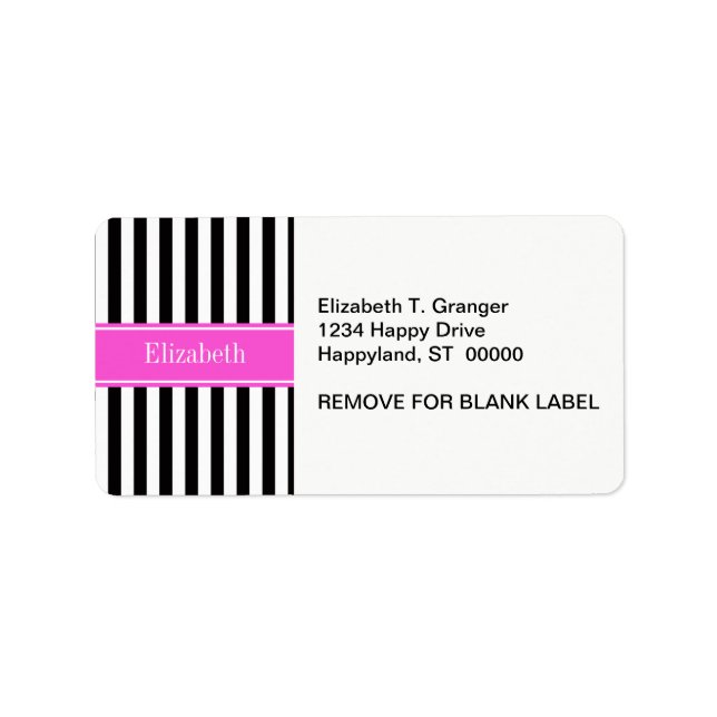 Black White Stripe Hot Pink Ribbon Name Monogram Label (Front)