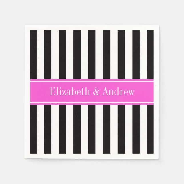 Black White Stripe Hot Pink Ribbon Name Monogram Napkin (Front)