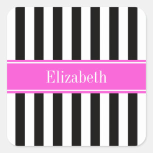 Black White Stripe Hot Pink Ribbon Name Monogram Square Sticker
