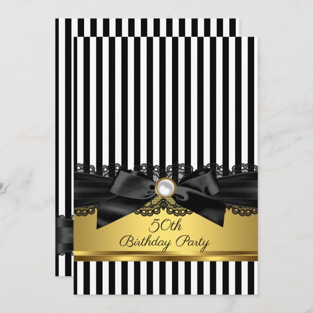 Black White Stripe Lace bow Gold 50th birthday Invitation (Front/Back)
