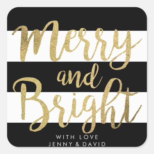 Black & White Stripe "Merry & Bright" Xmas Gift Square Sticker (Front)
