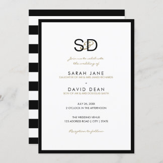 Black & White Stripe Monogram Wedding Invitations