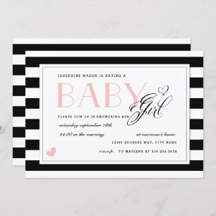 Black & White Stripe Pale Pink Girl Baby Shower Invitation