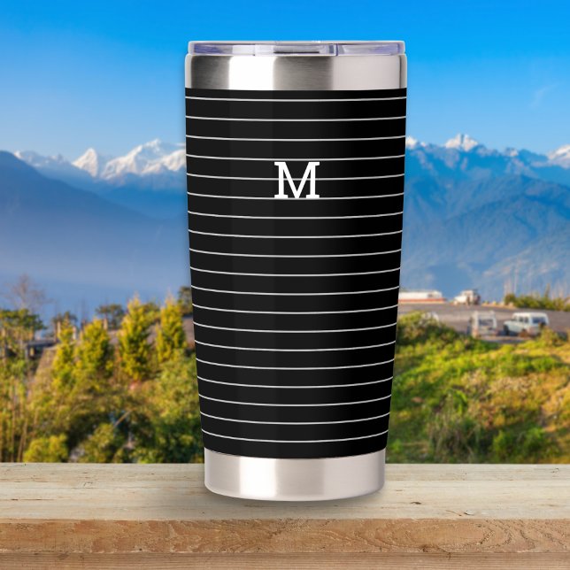 Black White Stripe Pattern Modern Simple Monogram Insulated Tumbler (A travel mug with white pinstripe pattern on a black background, with custom monogram initial)