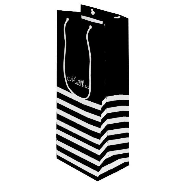 Black | White Stripe Pattern Wedding Wine Gift Bag (Front Angled)