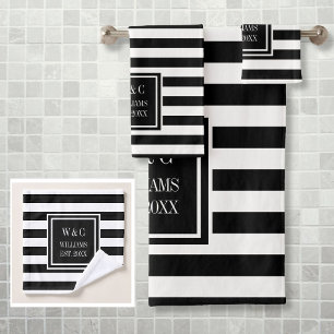 Black White Stripe Personalised Monogram Bath Towel Set