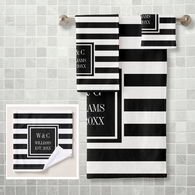 Black White Stripe Personalised Monogram Bath Towel Set (Black White Stripe Personalized Monogram Bath Towel Set)