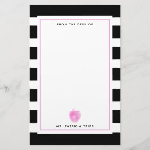 Black + White Stripe Pink Apple Teacher Stationery