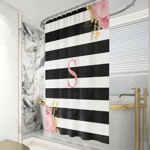 Black White Stripe Pink Gold Floral Monogram Shower Curtain