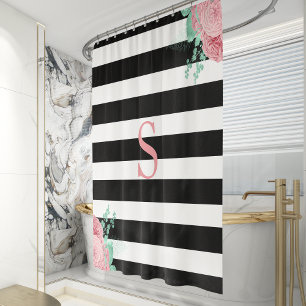 Black White Stripe Pink Mint Green Floral Monogram Shower Curtain