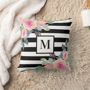 Black White Stripe Pink Watercolor Floral Monogram Cushion