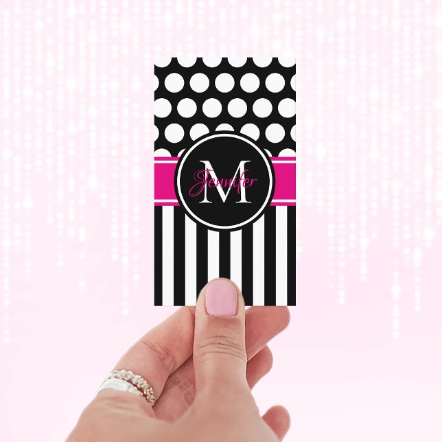 Black White Stripe Polka Dot Hot Pink Monogram Business Card (Black White and Hot Pink Monogram Business Cards)