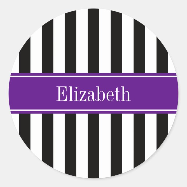 Black White Stripe Purple Ribbon Name Monogram Classic Round Sticker (Front)