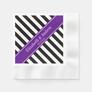 Black White Stripe Purple Ribbon Name Monogram Napkin