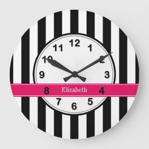 Black White Stripe Raspberry Ribbon Name Monogram Large Clock