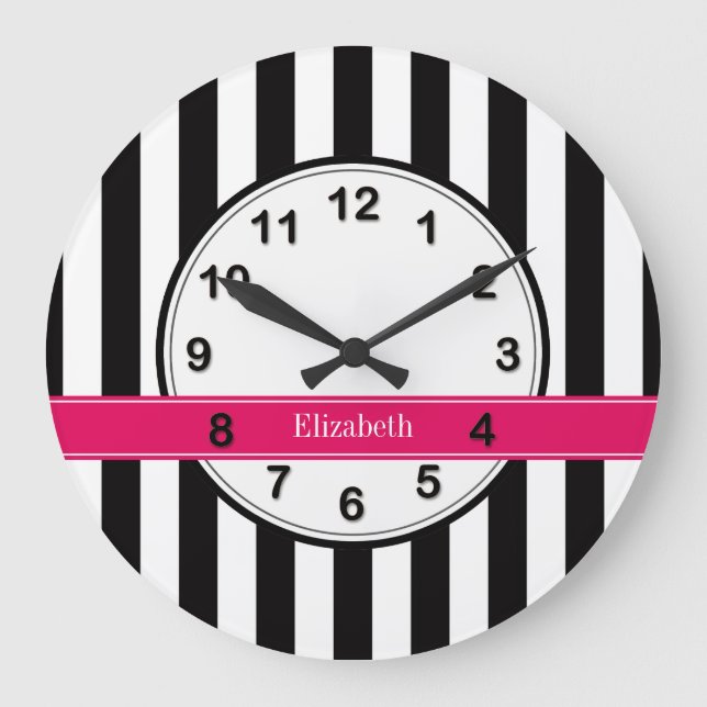 Black White Stripe Raspberry Ribbon Name Monogram Large Clock (Front)