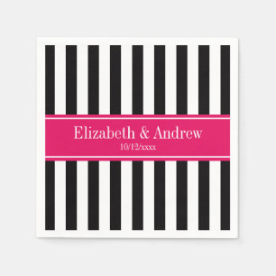Black White Stripe Raspberry Ribbon Name Monogram Napkin