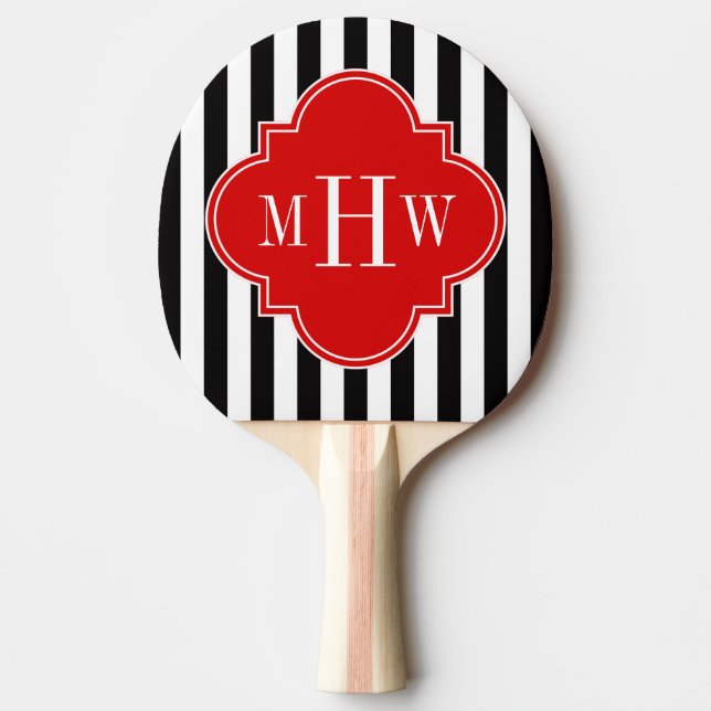 Black White Stripe Red Quatrefoil 3 Monogram Ping Pong Paddle (Front)