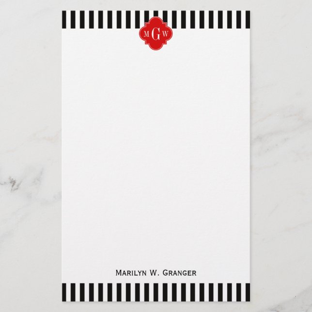 Black White Stripe Red Quatrefoil 3 Monogram Stationery (Front)