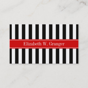Black White Stripe Red Ribbon Name Monogram Business Card