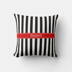 Black White Stripe Red Ribbon Name Monogram Cushion
