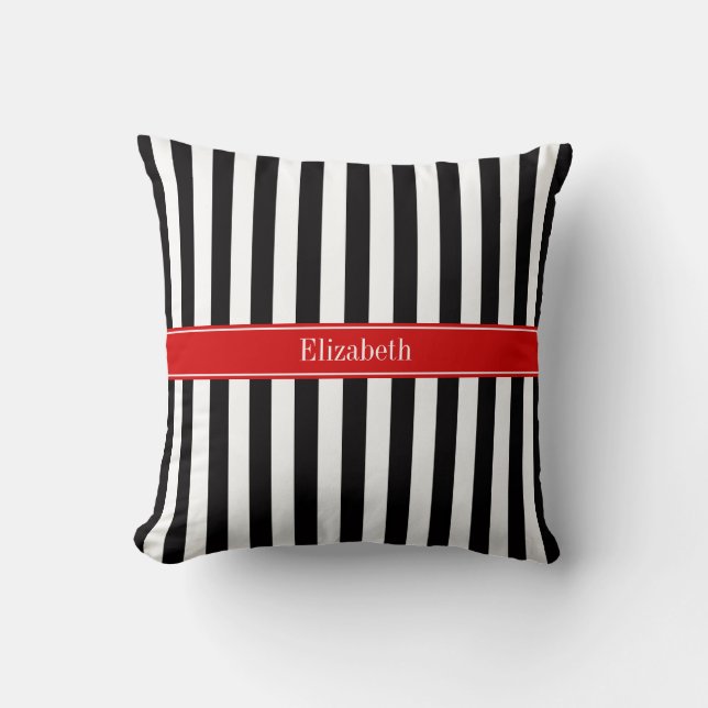 Black White Stripe Red Ribbon Name Monogram Cushion (Front)