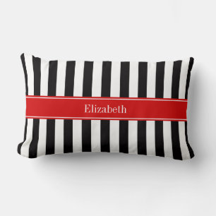 Black White Stripe Red Ribbon Name Monogram Lumbar Cushion