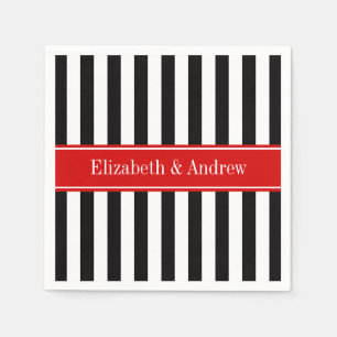 Black White Stripe Red Ribbon Name Monogram Napkin