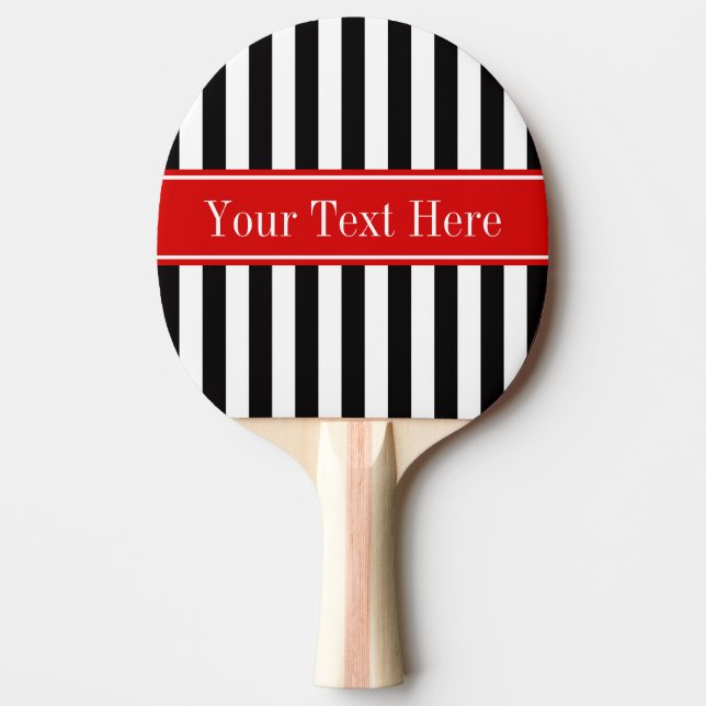 Black White Stripe Red Ribbon Name Monogram Ping Pong Paddle (Front)