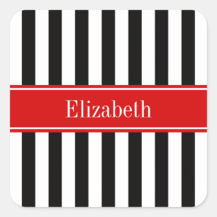 Black White Stripe Red Ribbon Name Monogram Square Sticker